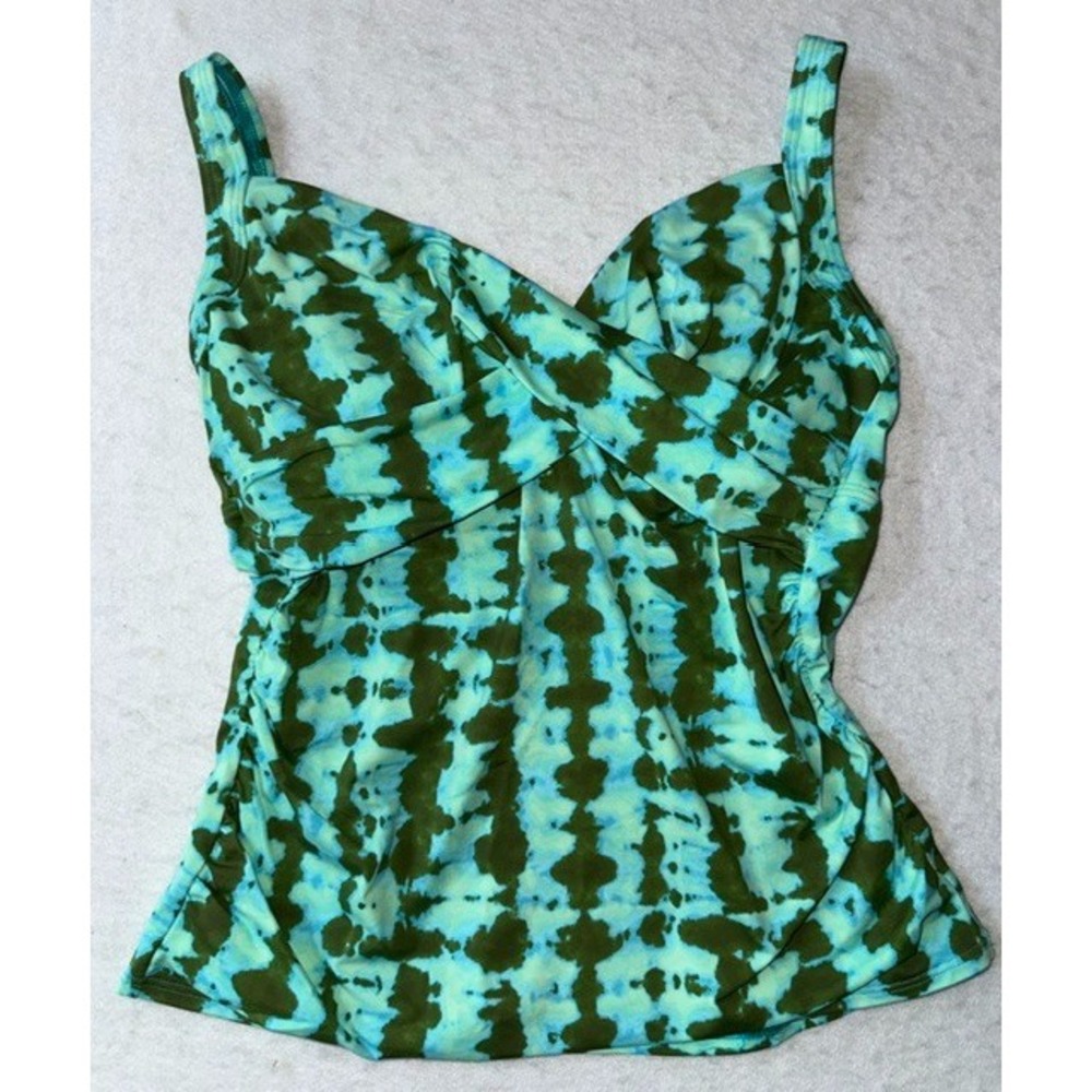 Lands End Tankini Swimsuit Top Womens Size 10 Green Blue Tie Dye Underwire EUC